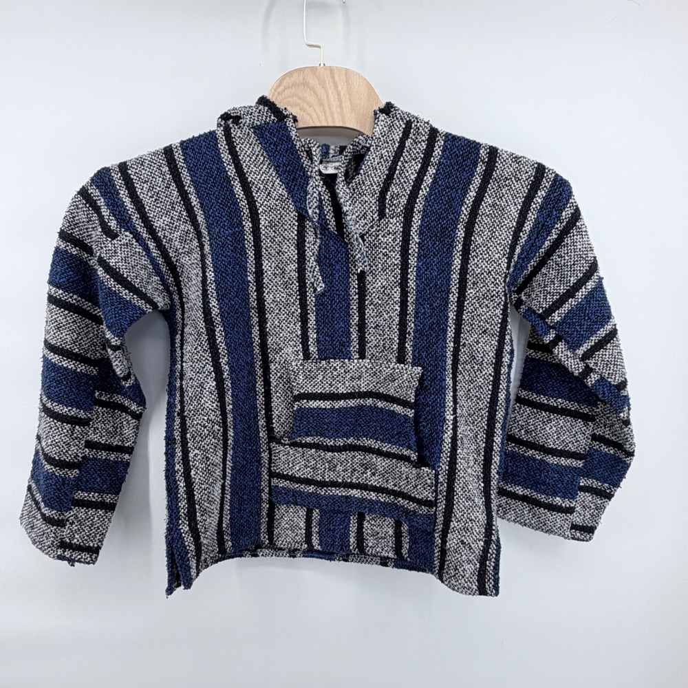 Chavitos VTG  Mexican Baja Hoodie Kids Blue Striped Jerga Poncho Drug Rug Knit